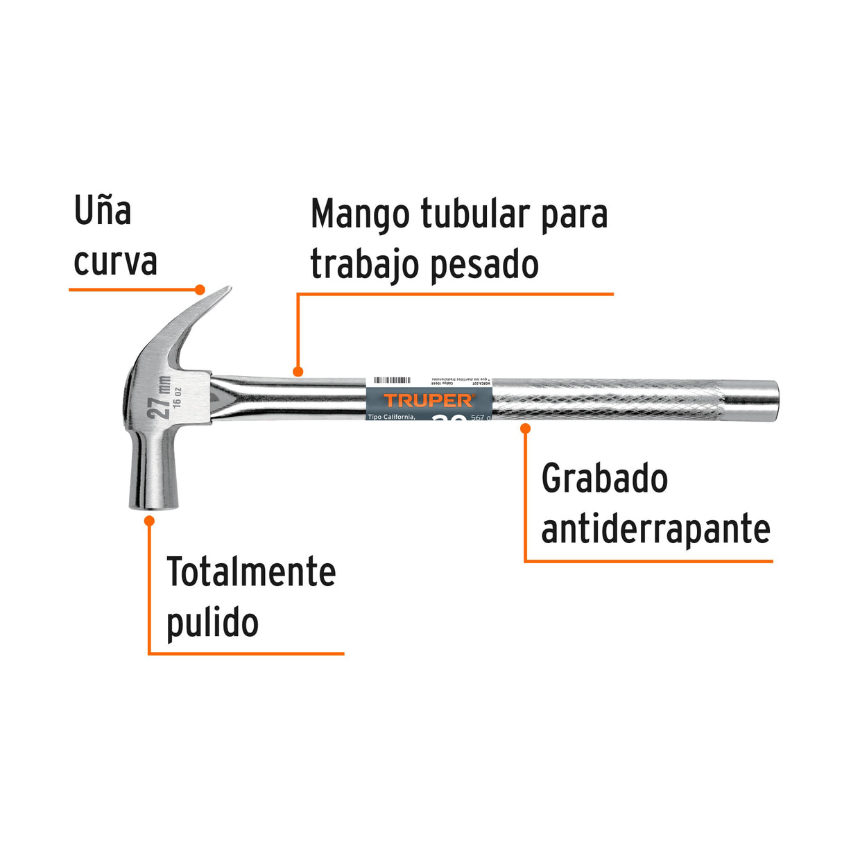 Martillo Cabeza Cónica 27 mm Uña Curva, Mango Tubular, Truper