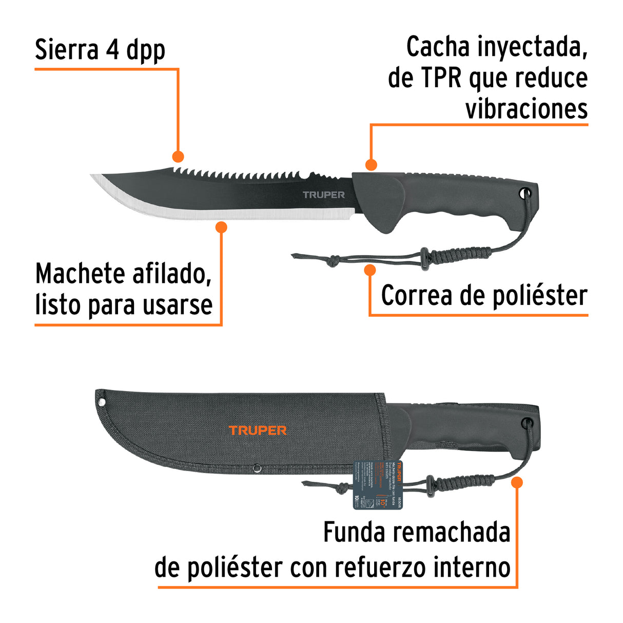 Machete Doble Filo 10', Cacha Inyectada, con Funda, Truper