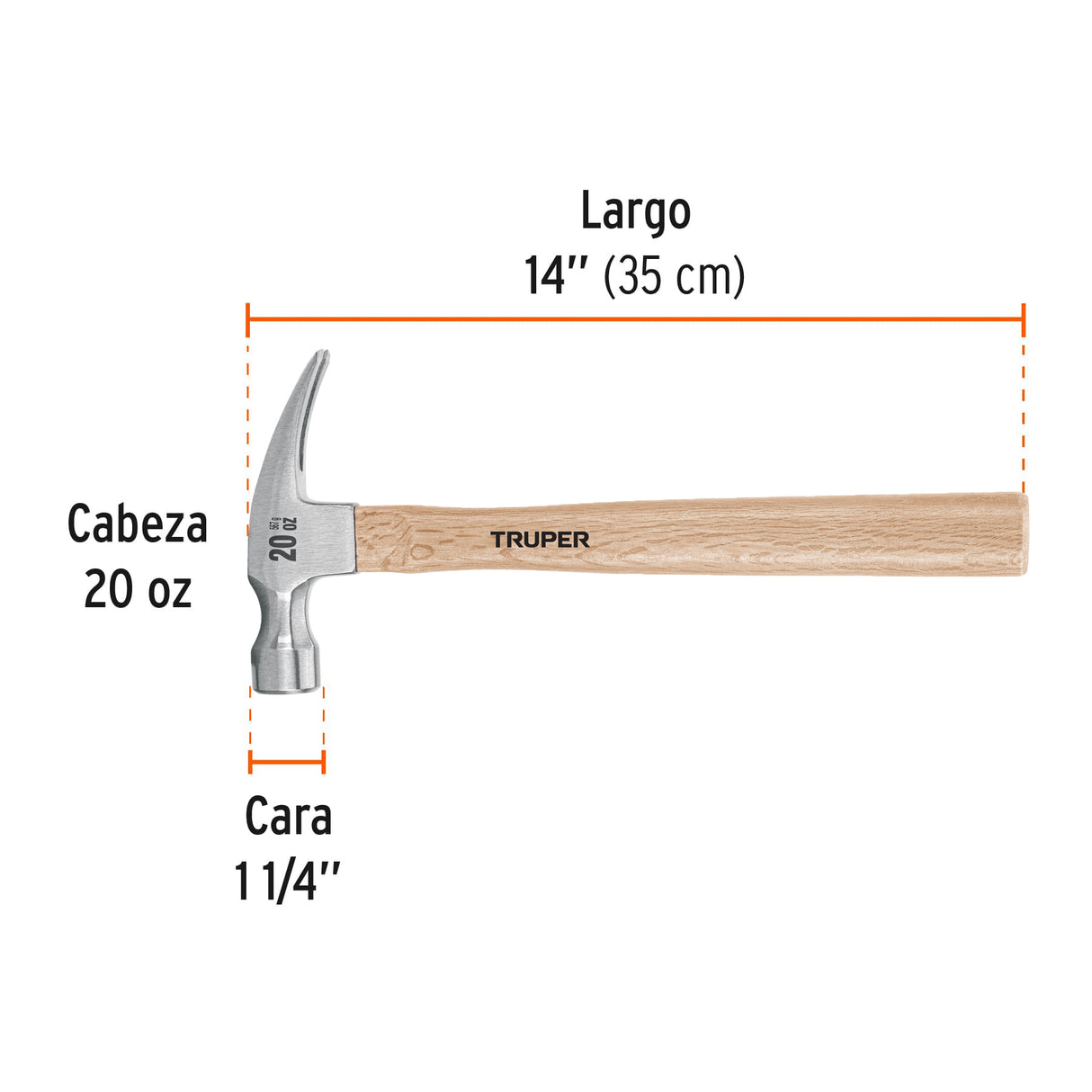 Martillo Pulido, 20 Oz, Uña Recta, Mango Madera, Truper