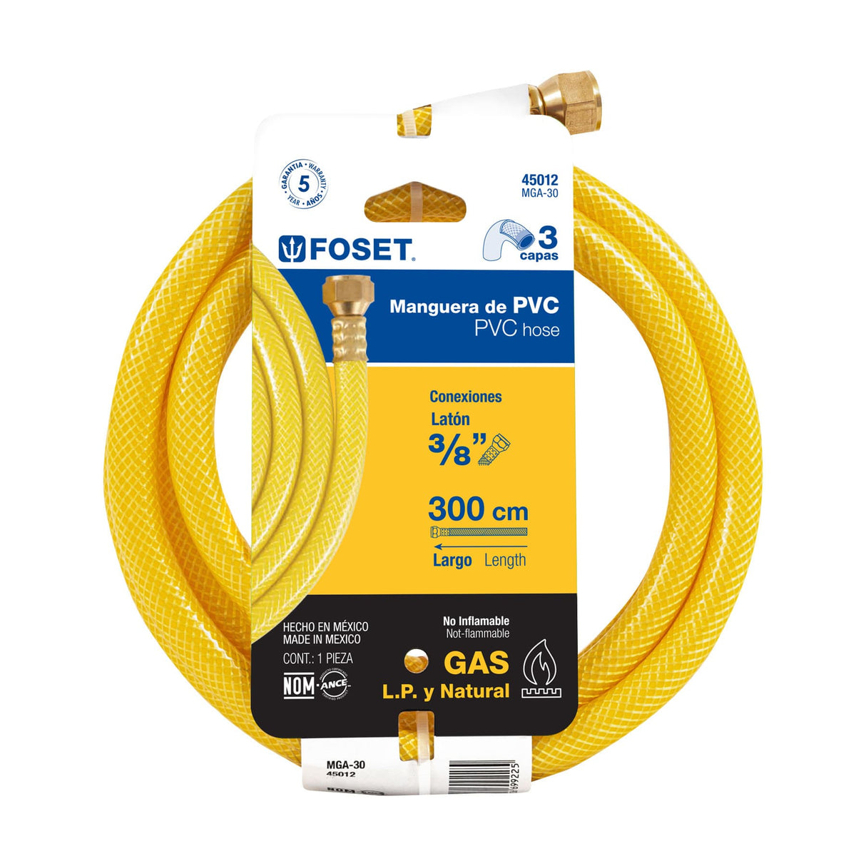 Manguera para Gas, PVC Amarilla, 3/8' Flare, 3 m, Foset