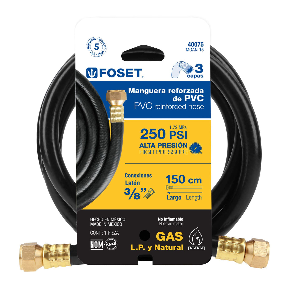 Manguera para Gas, PVC Negra, 3/8' Flare, 1.5 m, Foset