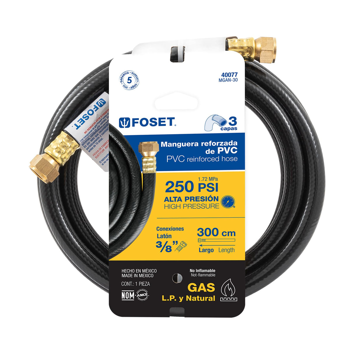 Manguera para Gas, PVC Negra, 3/8' Flare, 3 m, Foset