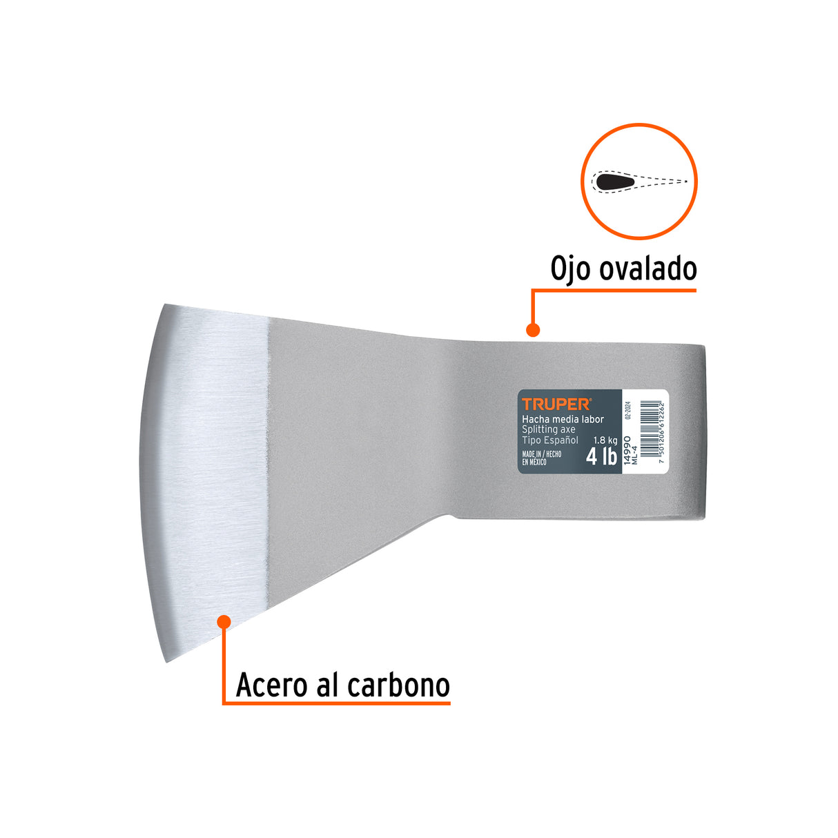 Hacha Media Labor 4 lb, sin Mango, Truper