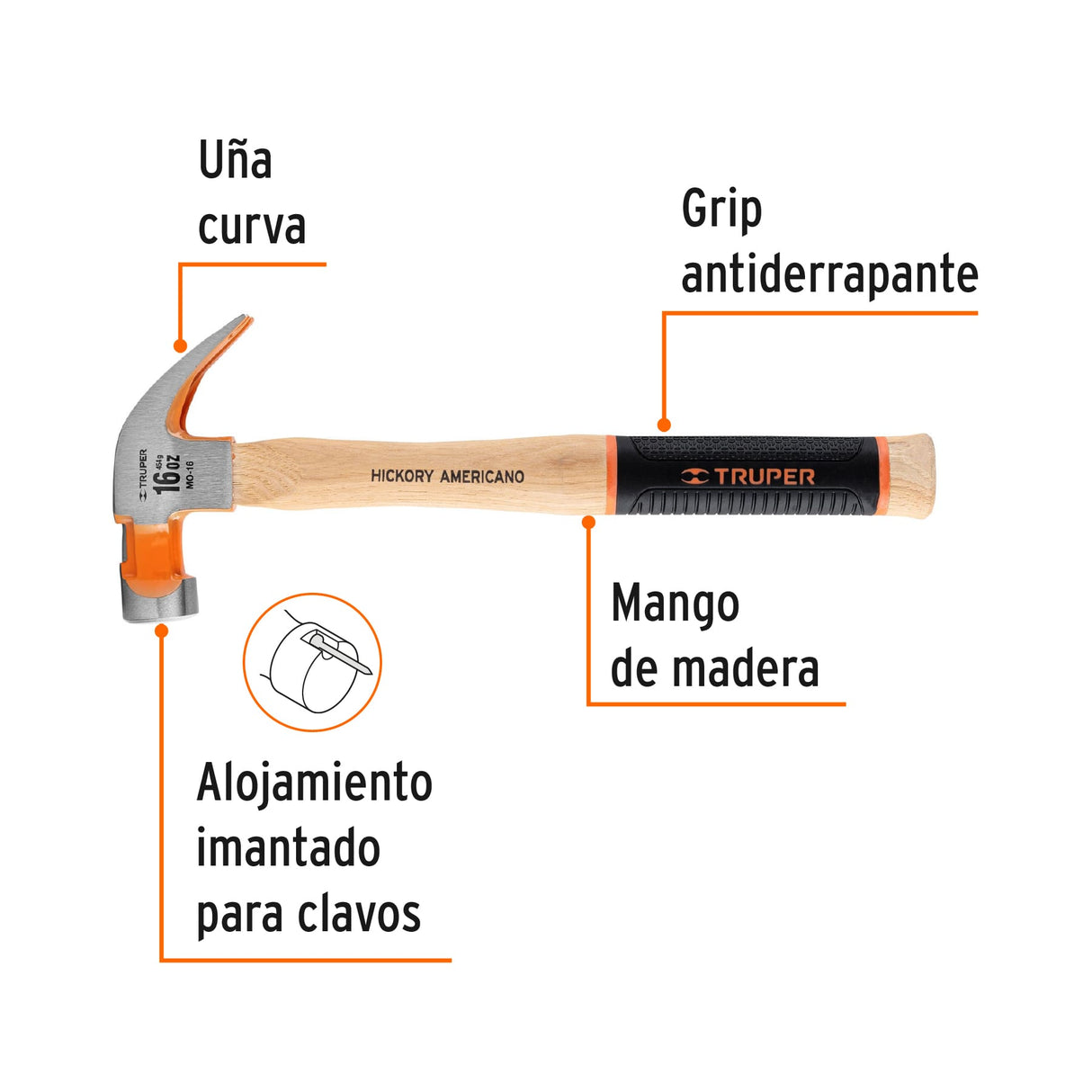Martillo Pulido 16 Oz Uña Curva, Mango Hickory, Truper Grip