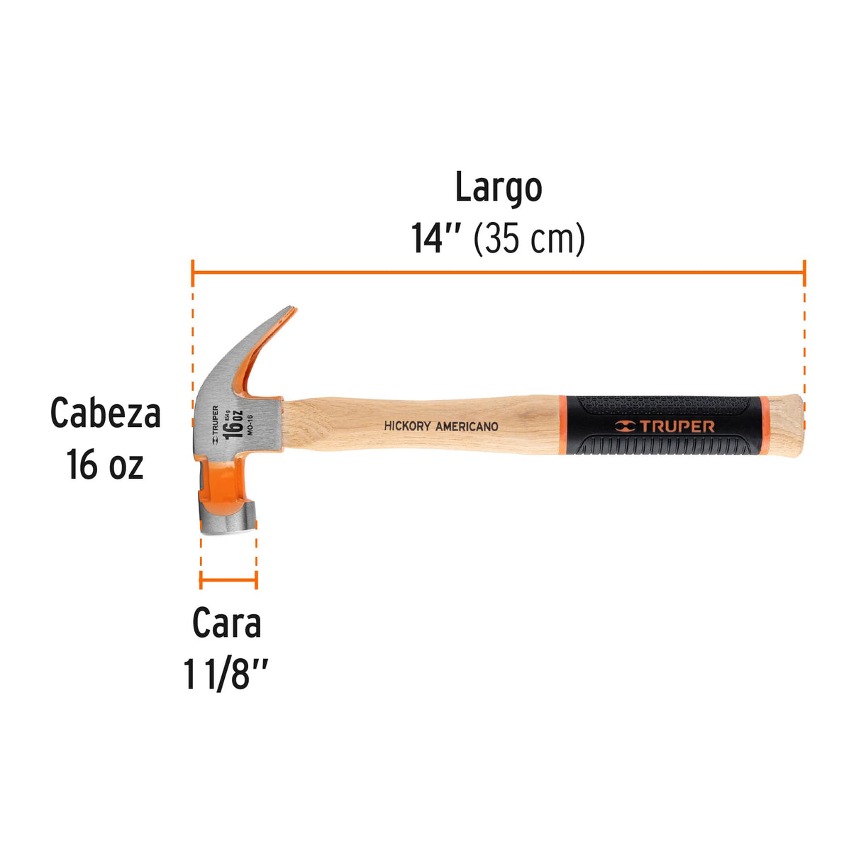 Martillo Pulido 16 Oz Uña Curva, Mango Hickory, Truper Grip