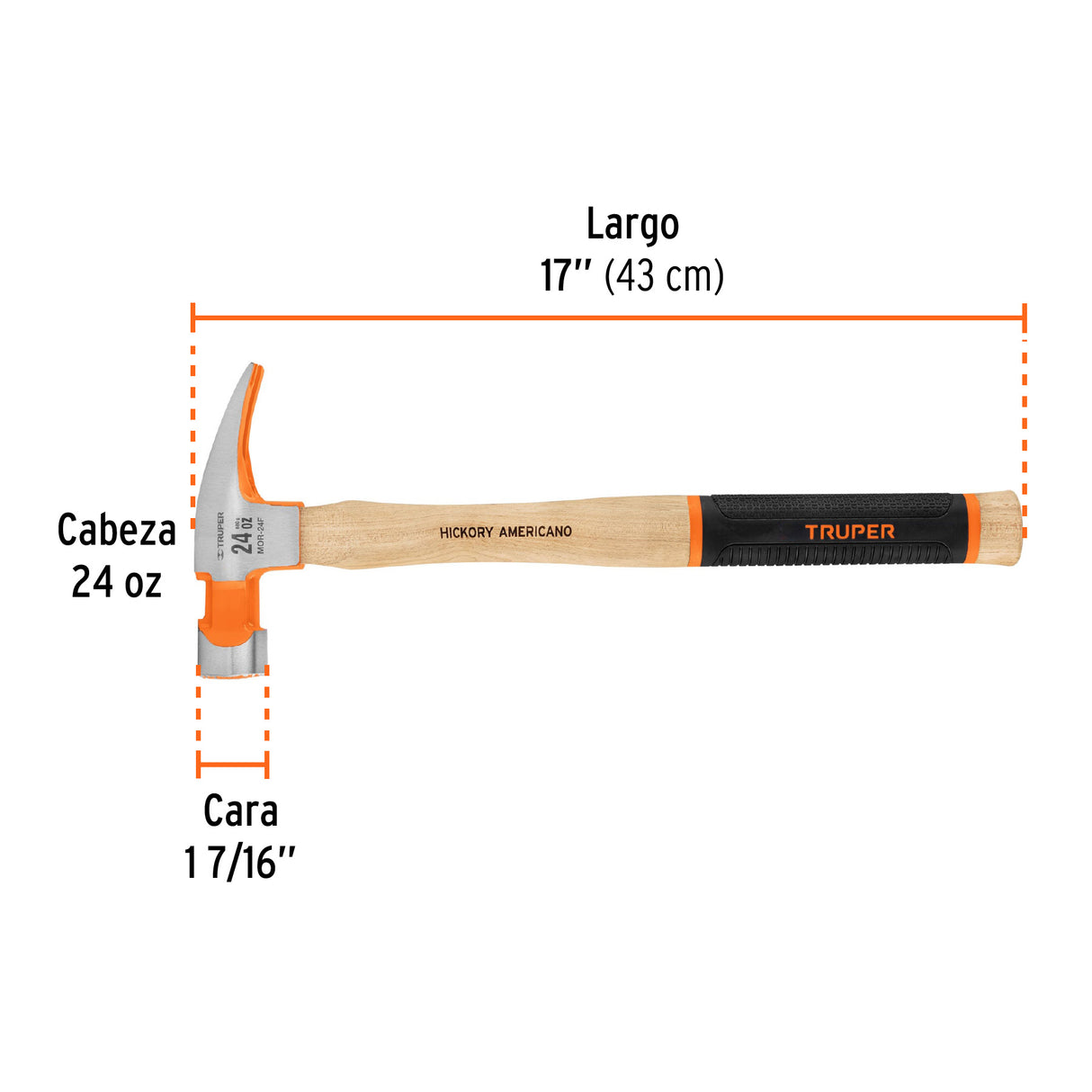 Martillo Pulido 24 Oz Uña Recta, Boca Fresada, Truper Grip