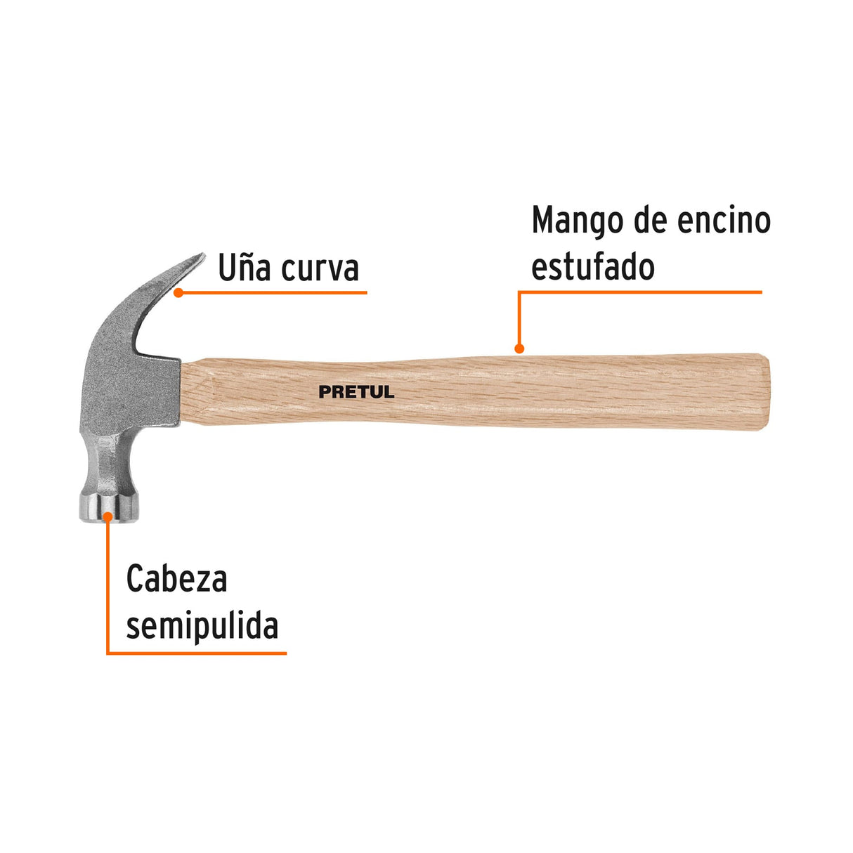 Martillo Semipulido, 16 Oz, Uña Curva, Pretul