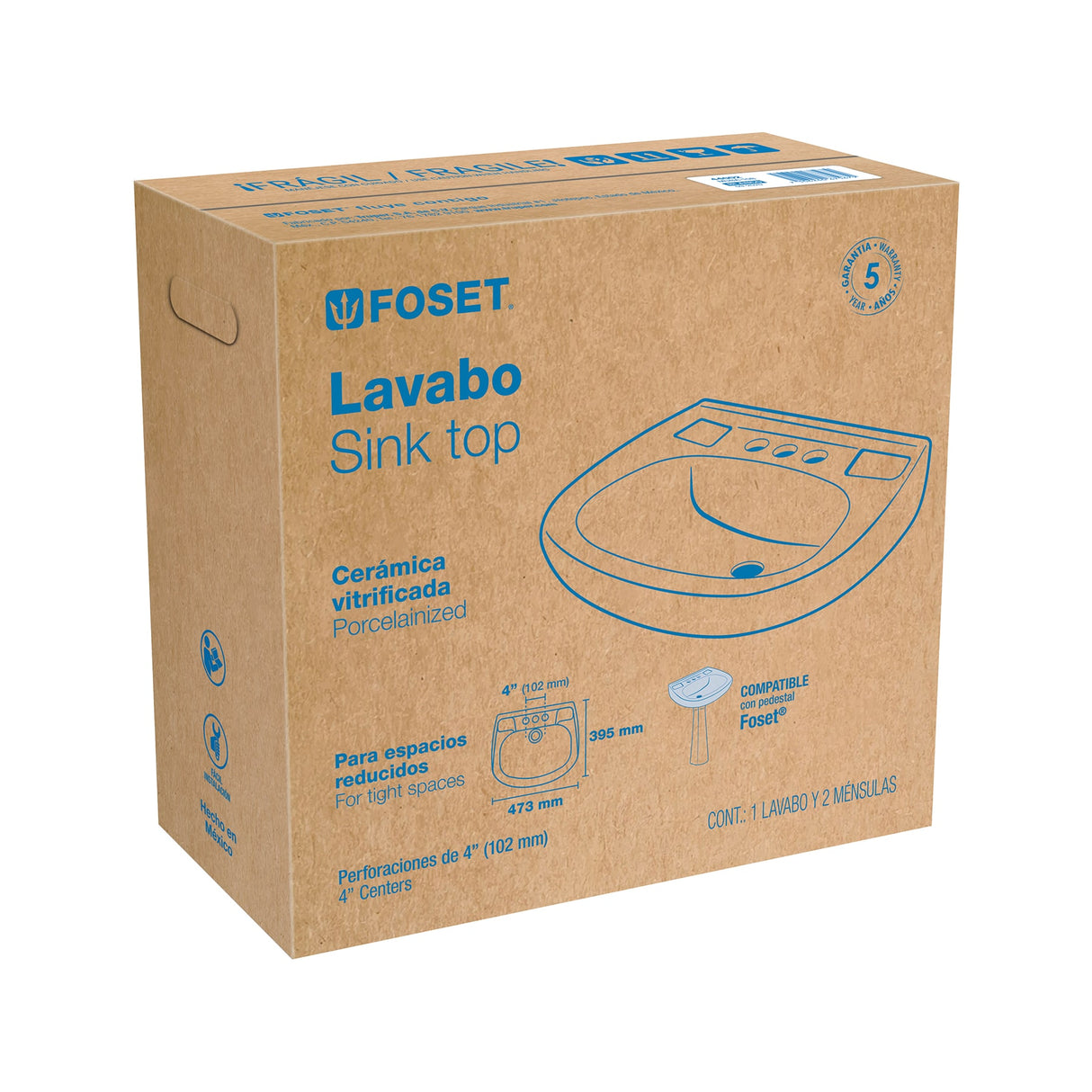 Lavabo de Porcelana con Rebosadero, Blanco, Foset