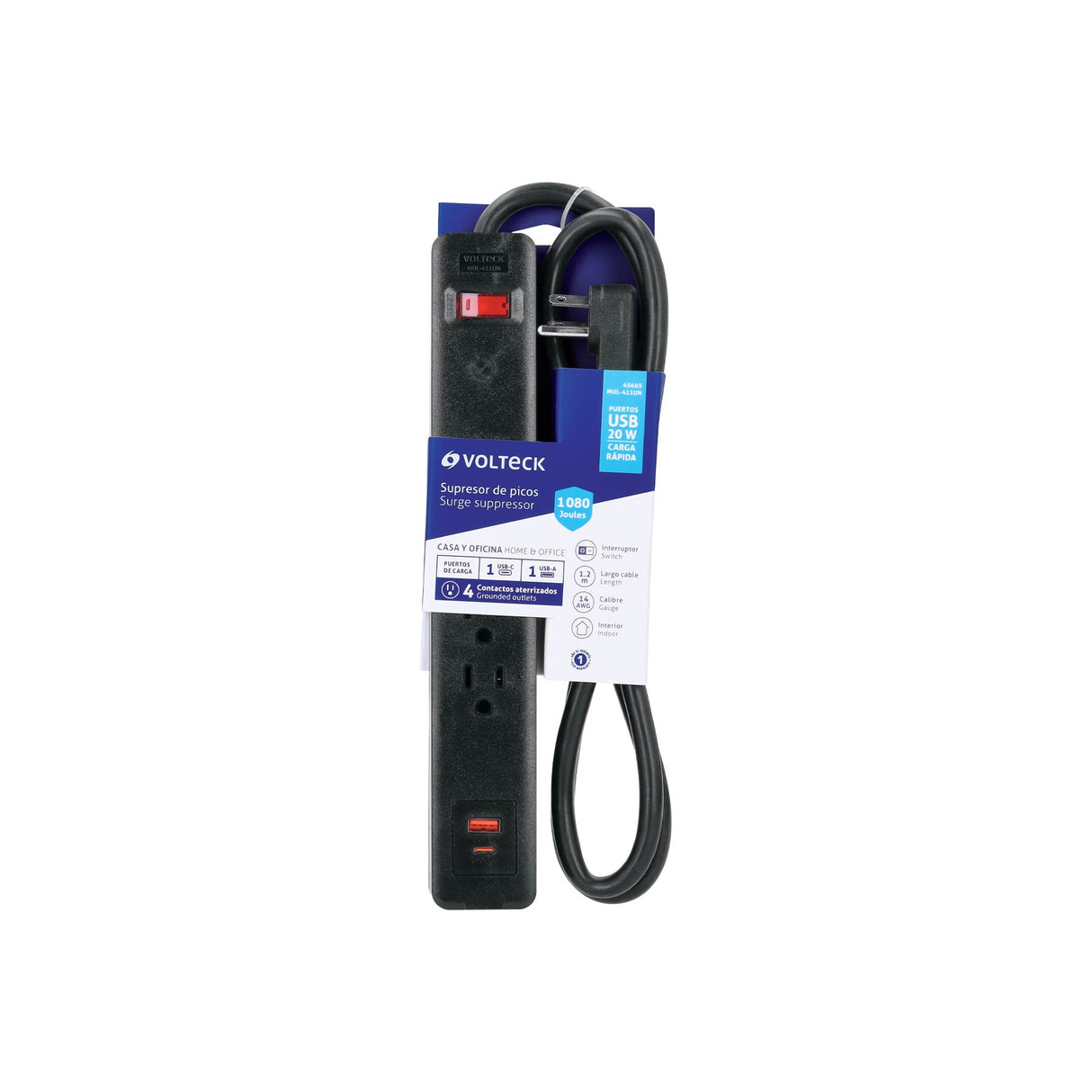 Multicontacto 4 Entradas, 1 USB a + 1 USB C, Negro, Volteck