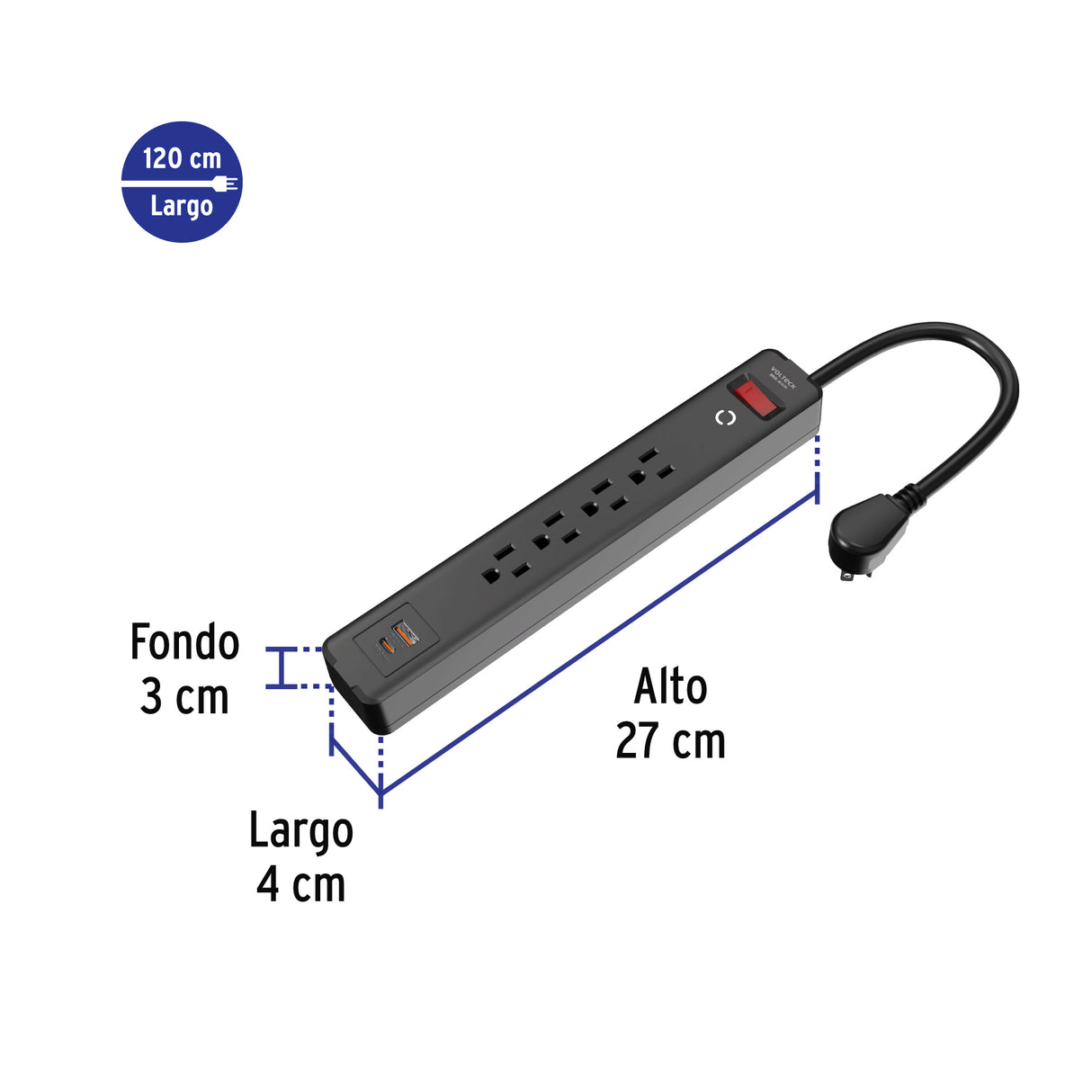 Multicontacto 4 Entradas, 1 USB a + 1 USB C, Negro, Volteck