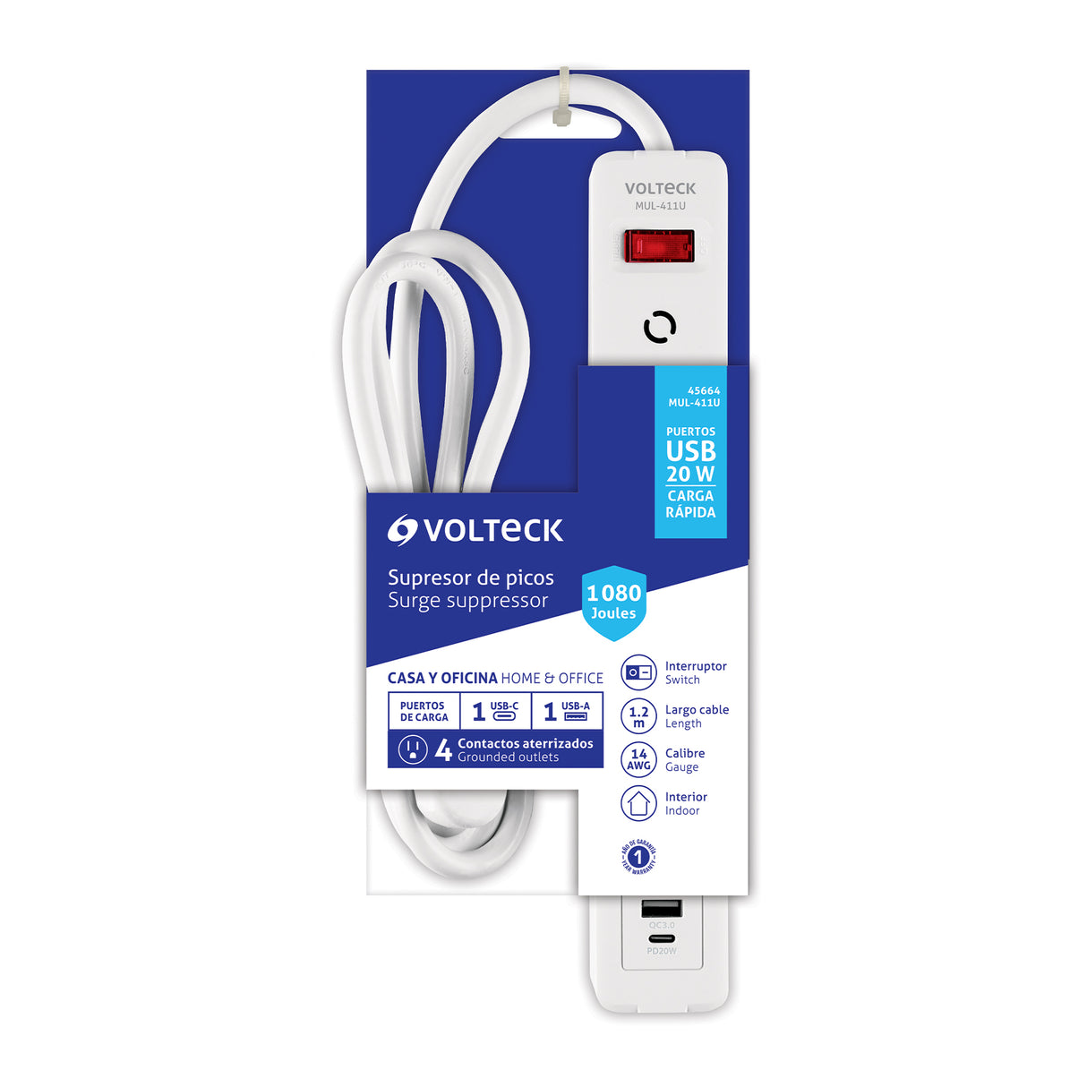 Multicontacto 4 Entradas, 1 USB a + 1 USB C, Blanco, Volteck