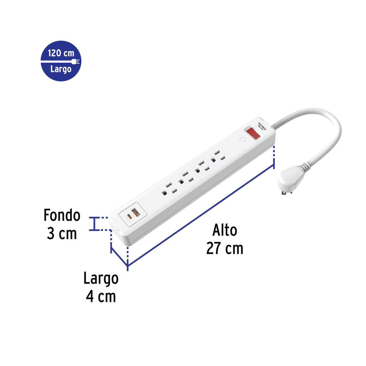 Multicontacto 4 Entradas, 1 USB a + 1 USB C, Blanco, Volteck