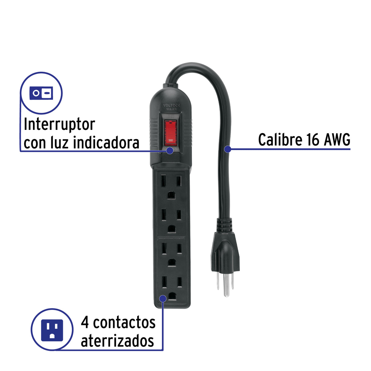 Multicontacto Económico 4 Entradas, Negro, Volteck