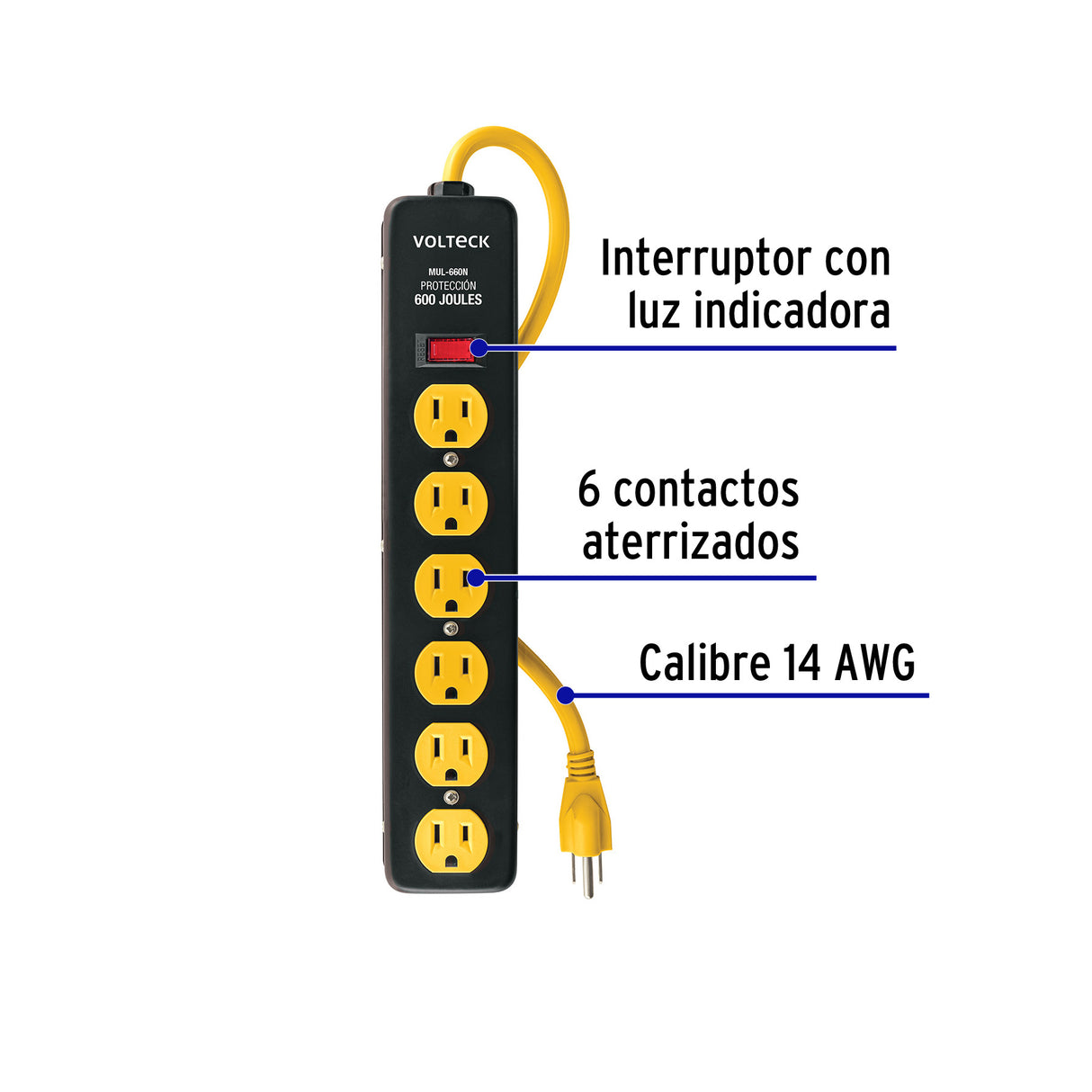 Multicontacto 14 AWG, 6 Entradas Sup. de Picos 600 J, Negro