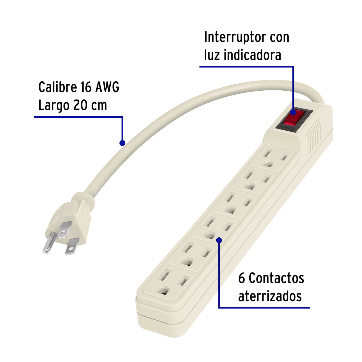 Multicontacto 16 AWG Doméstico 6 Entradas, Volteck