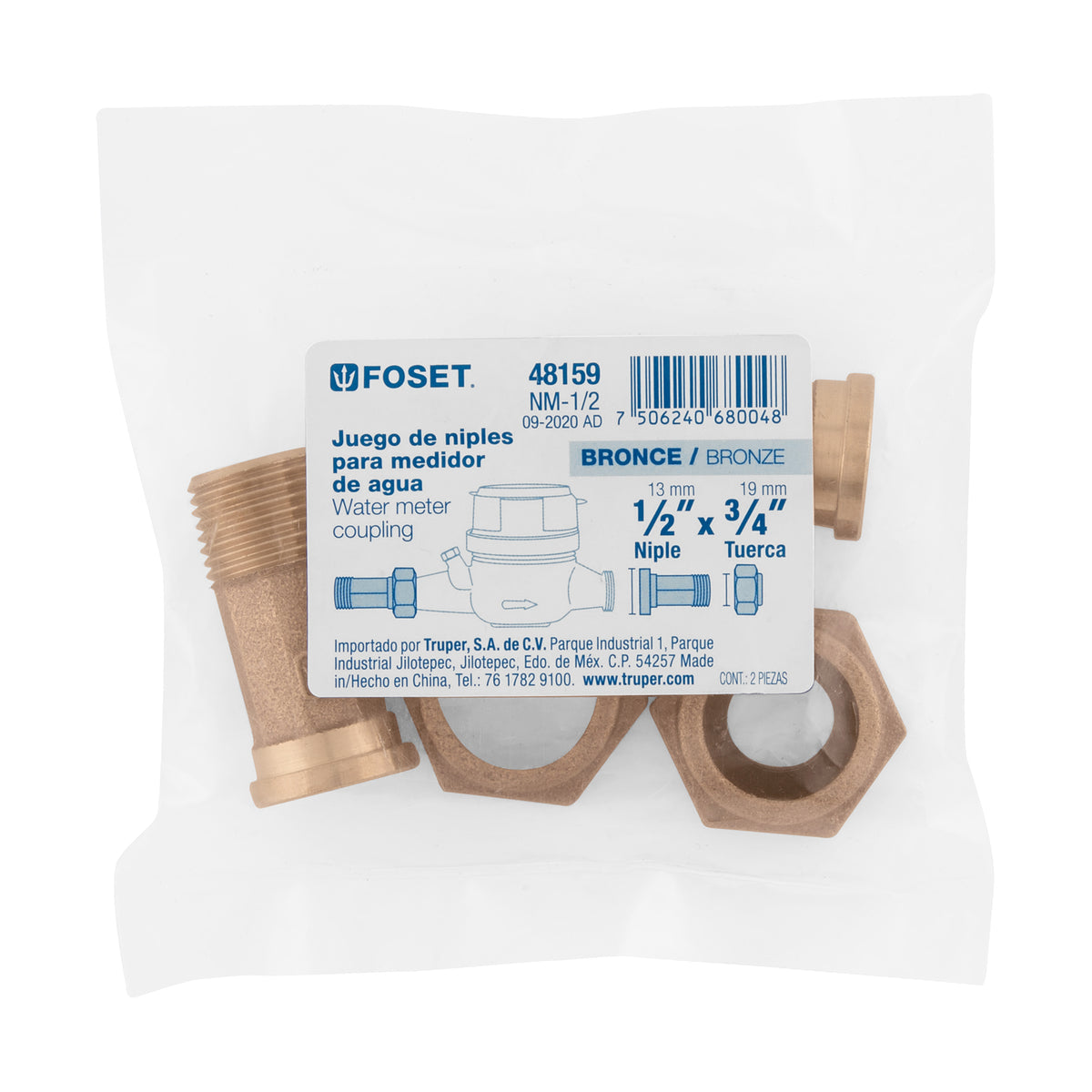 Juego de 2 Niples para Medidor de Agua, 1/2 X 3/4', Foset
