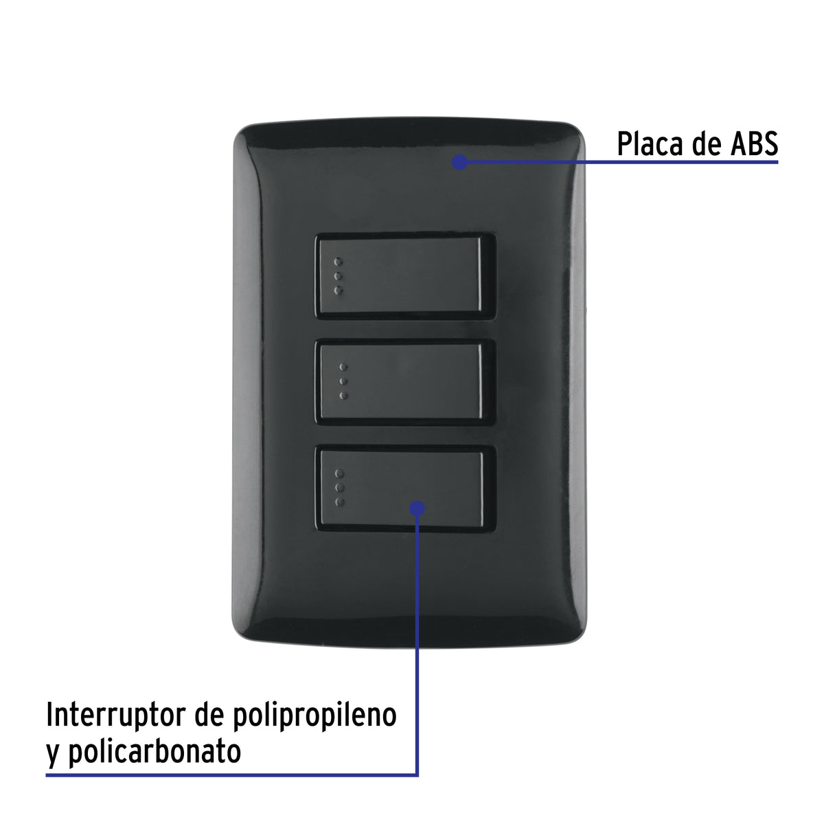 Placa Armada 3 Interruptores Sencillos, Negro, Línea Italiana