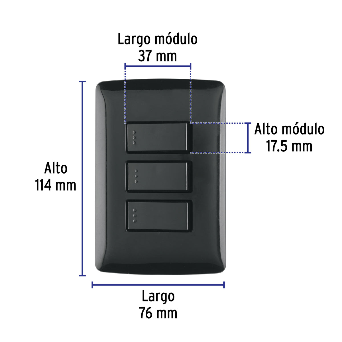 Placa Armada 3 Interruptores Sencillos, Negro, Línea Italiana