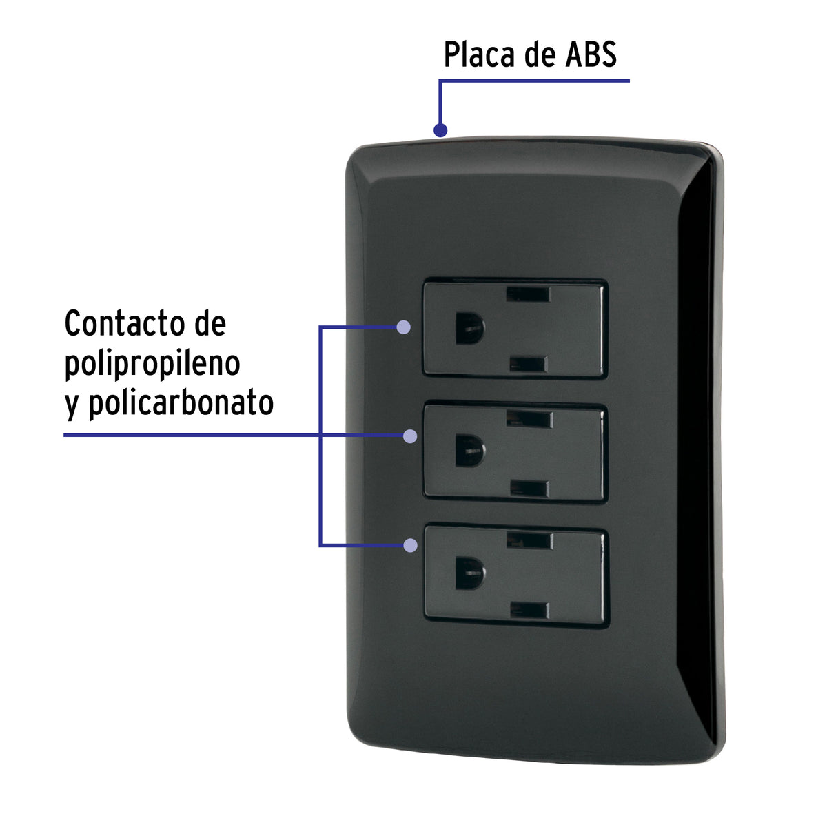 Placa Armada 3 Contactos Aterrizados, Negro, Línea Italiana