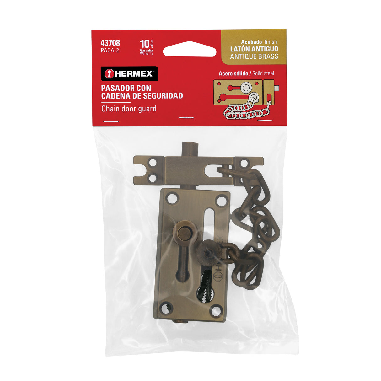 Pasador con Cadena para Puerta, Acabado Latón Antiguo