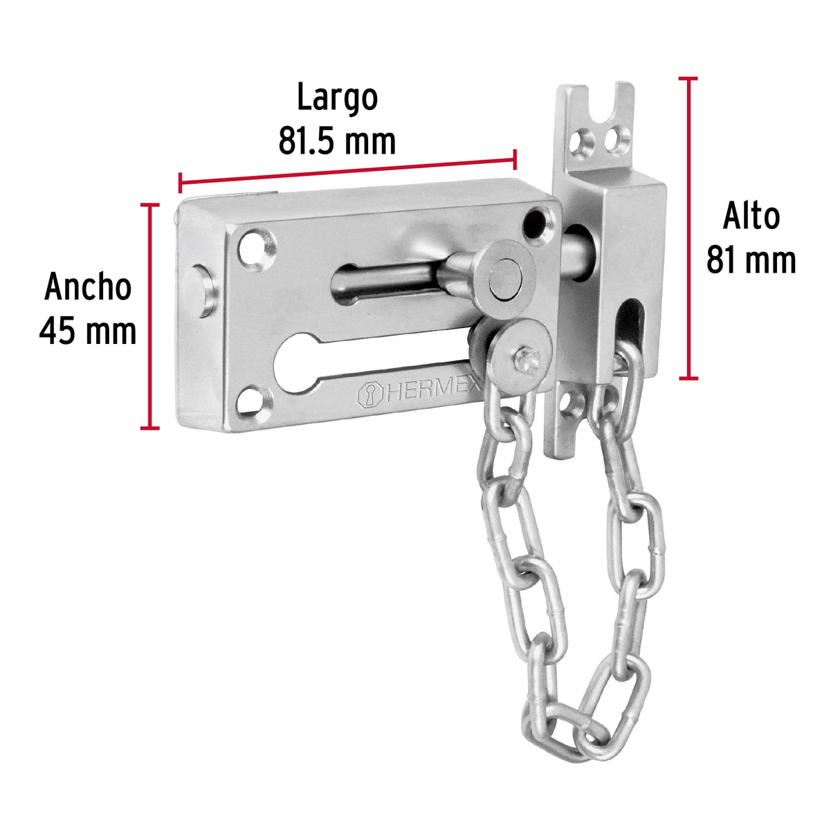 Pasador con Cadena para Puerta, Acabado Cromo Mate, Hermex