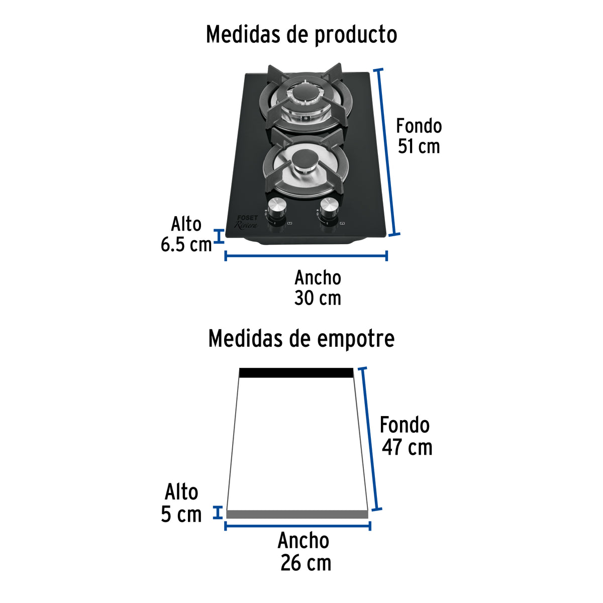 Parrilla Gas Empotrable 30 cm, 2 Quem, Vidrio Negro, Riviera