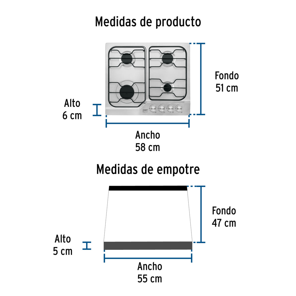 Parrilla Gas Empotrable 60 cm, 4 Quemadores, Esmalte, Foset