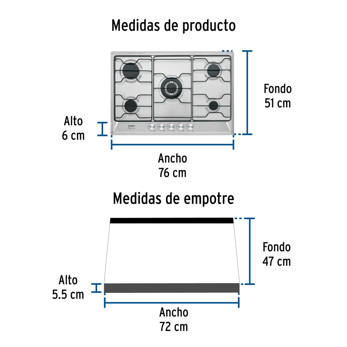 Parrilla Gas Empotrable 75 cm, 5 Quemadores, Esmalte, Foset