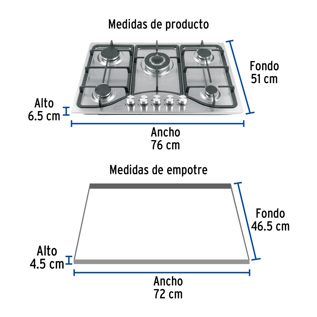 Parrilla Gas Empotrable 75 cm, 5 Quem, Acero Inox, Riviera