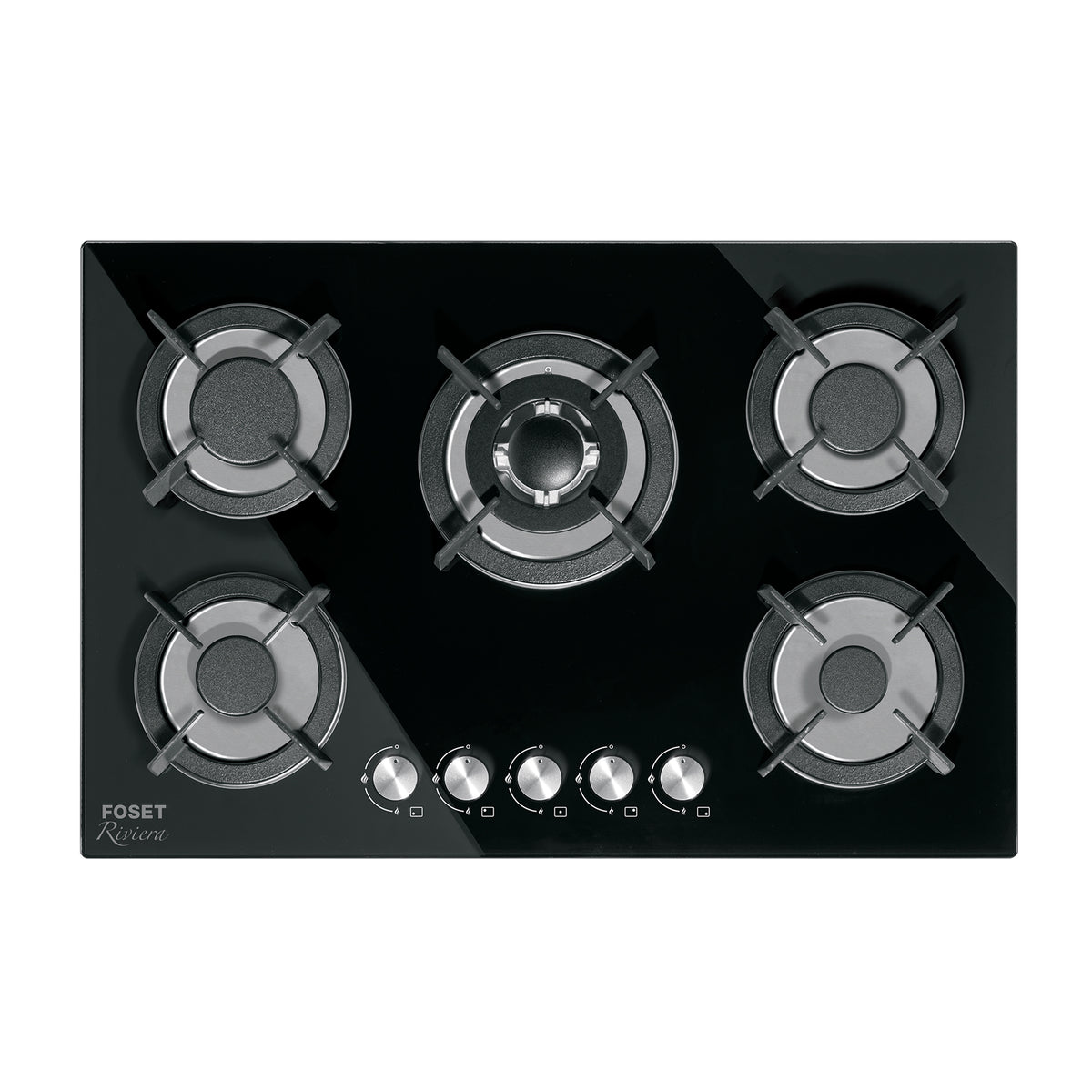 Parrilla gas empotrable 75 cm, 5 quem, vidrio negro, RIVIERA