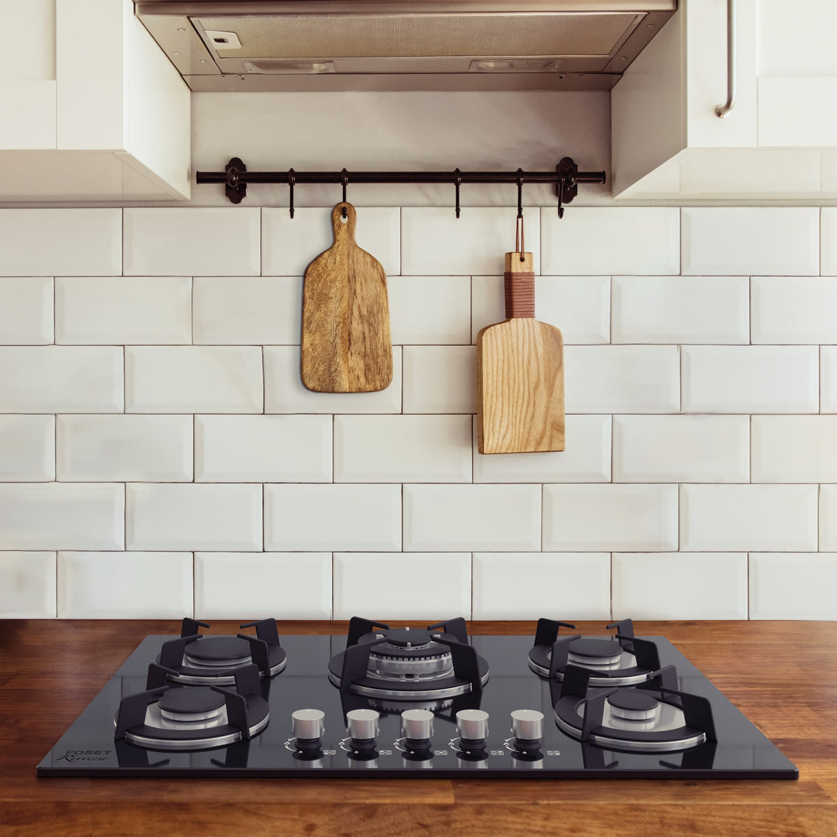 Parrilla Gas Empotrable 90 cm, 5 Quem, Vidrio Negro, Riviera