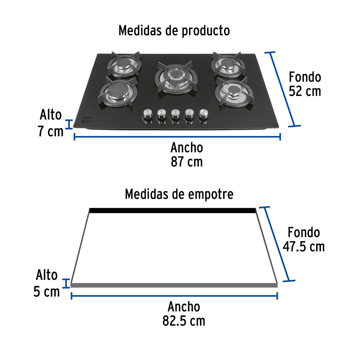Parrilla Gas Empotrable 90 cm, 5 Quem, Vidrio Negro, Riviera
