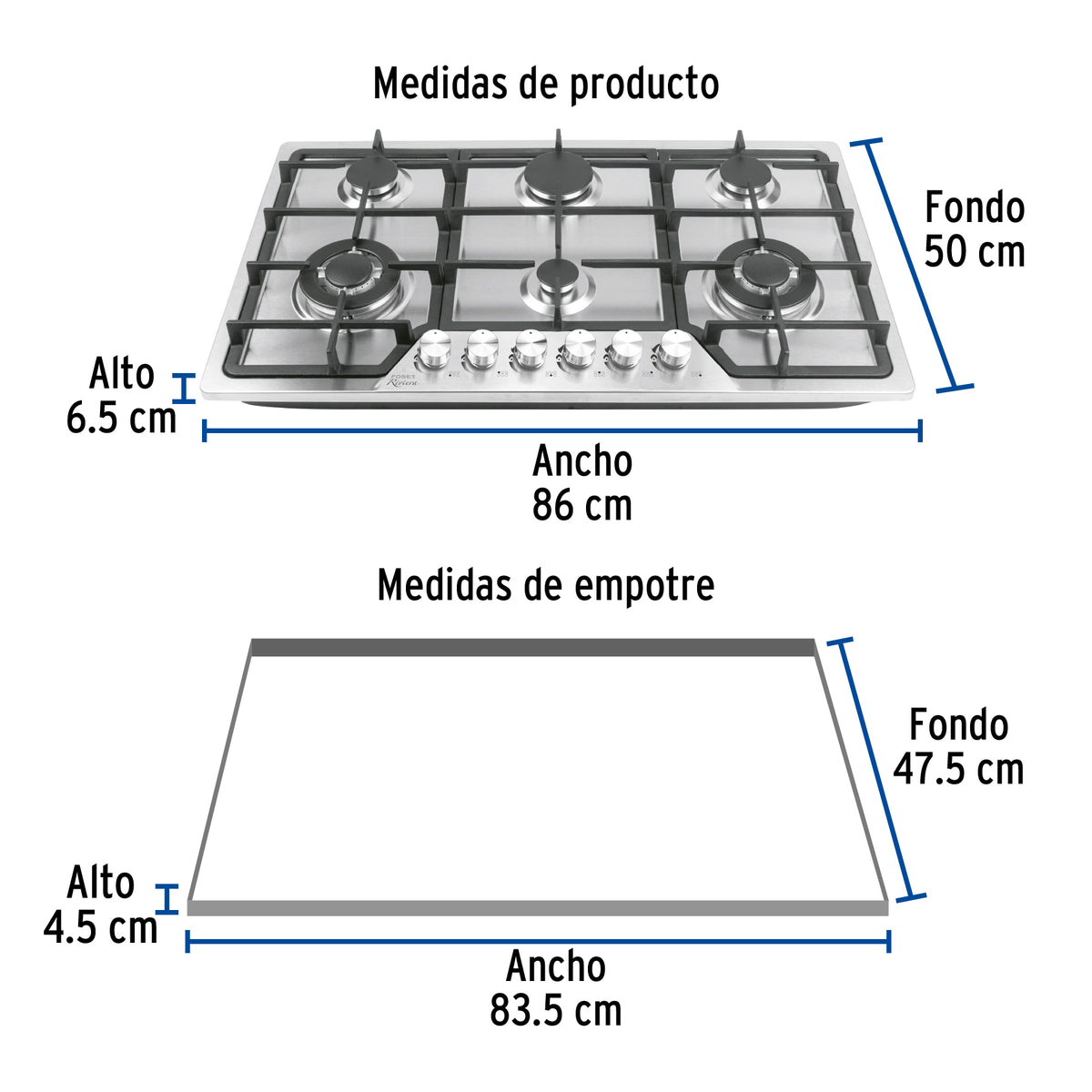 Parrilla Gas Empotrable 90 cm, 6 Quem, Acero Inox, Riviera