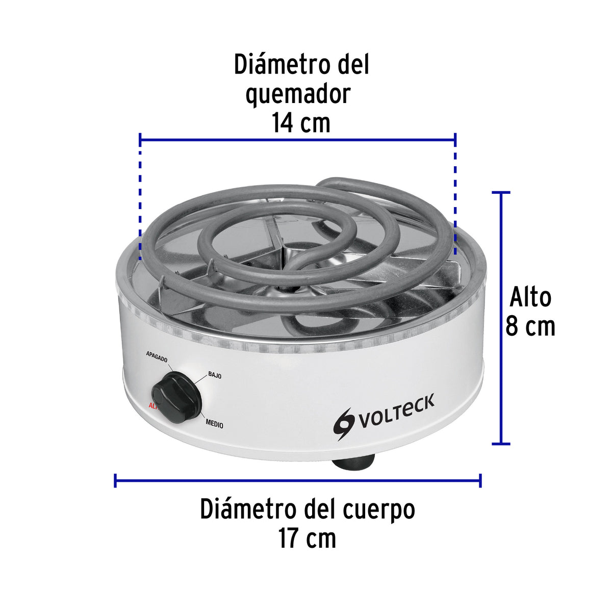 Parrilla Eléctrica Red. 1 Quemador Espiral, Blanca, Volteck