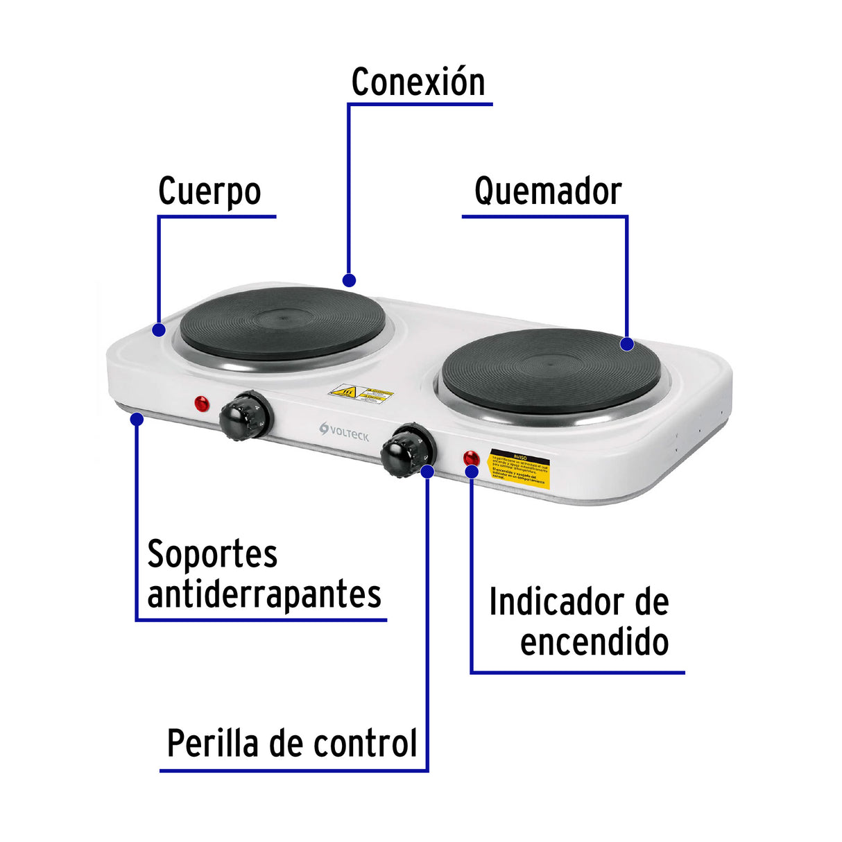 Parrilla Eléctrica 2 Quemadores de Disco, Blanca, Volteck