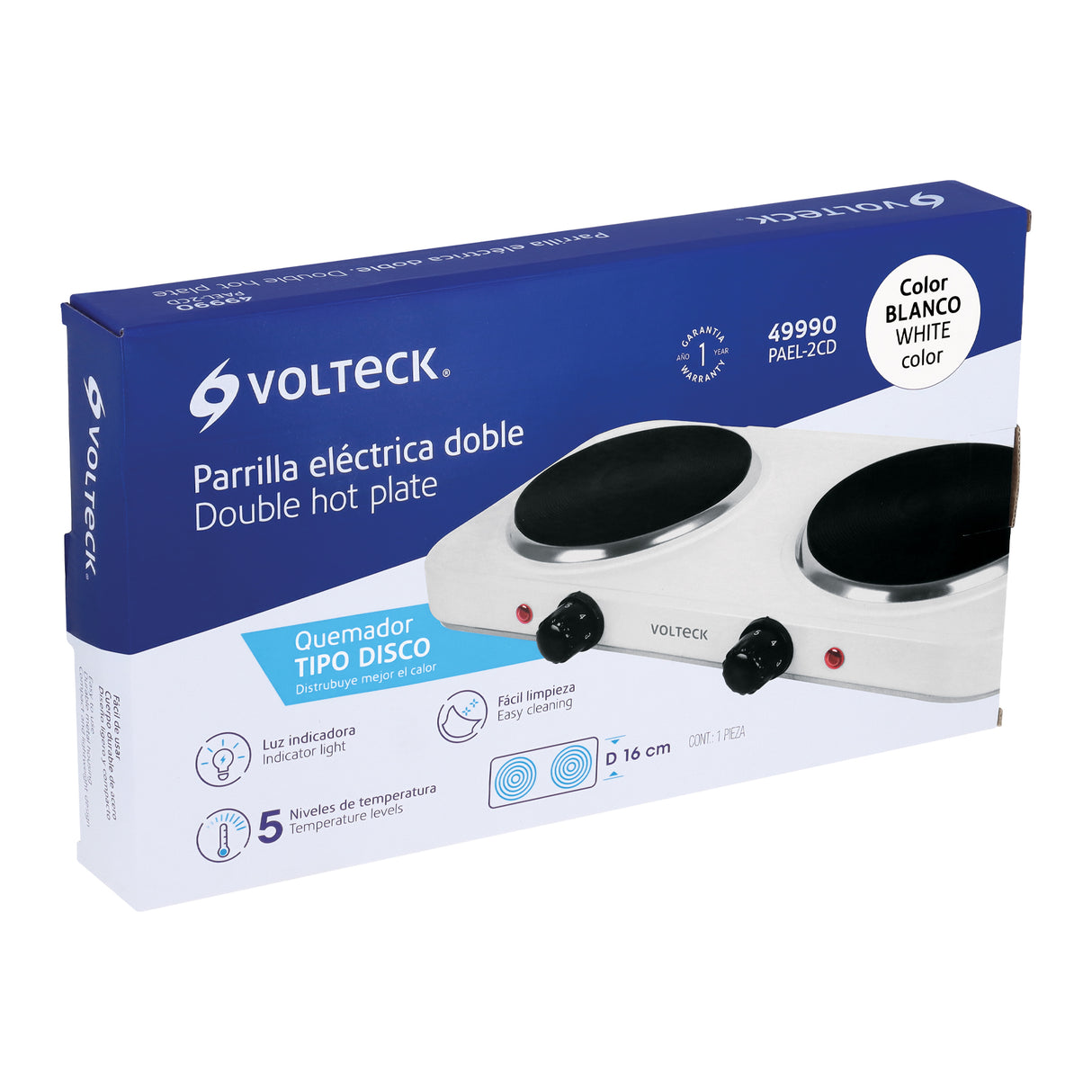 Parrilla Eléctrica 2 Quemadores de Disco, Blanca, Volteck
