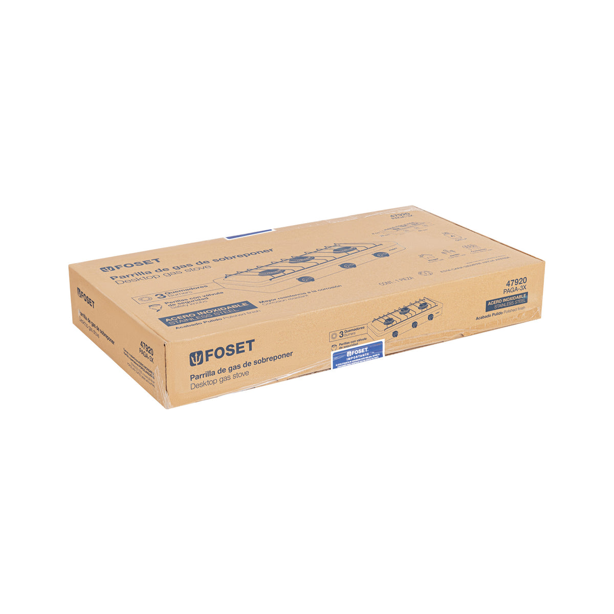 Parrilla de Gas de Sobreponer 3 Quemadores, Inox, Foset