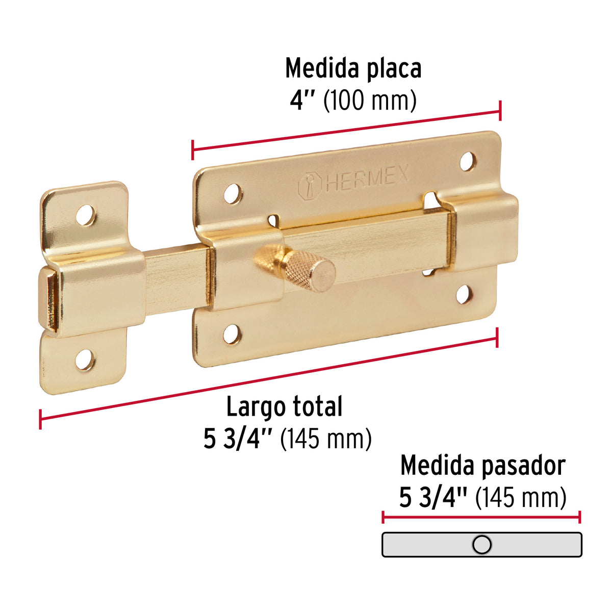 Pasador de Barra Plana 4' Acabado Latón, Hermex