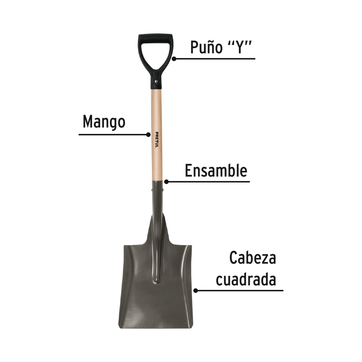 Pala Cuadrada, Puño 'y', Mango 28', Pretul