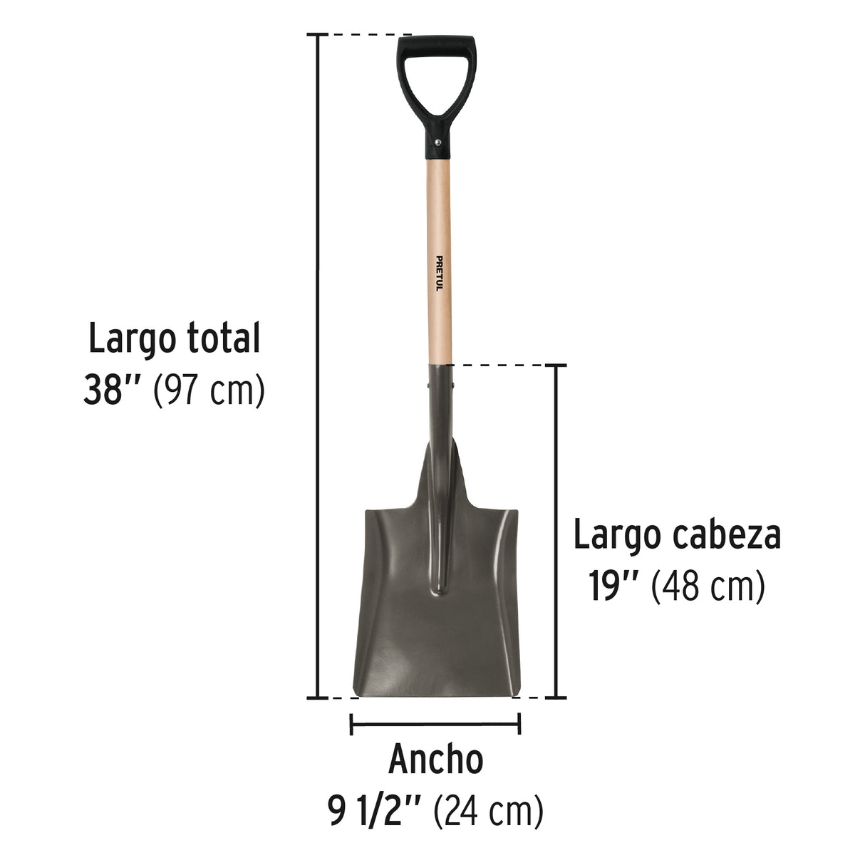 Pala Cuadrada, Puño 'y', Mango 28', Pretul