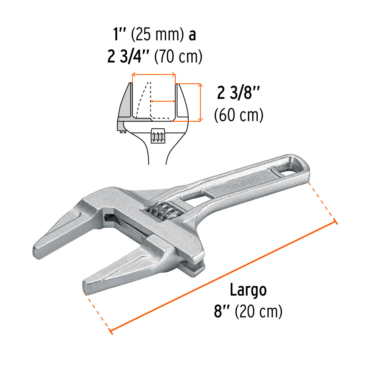Llave Ajustable 8' para Plomero, Apertura 3', Truper