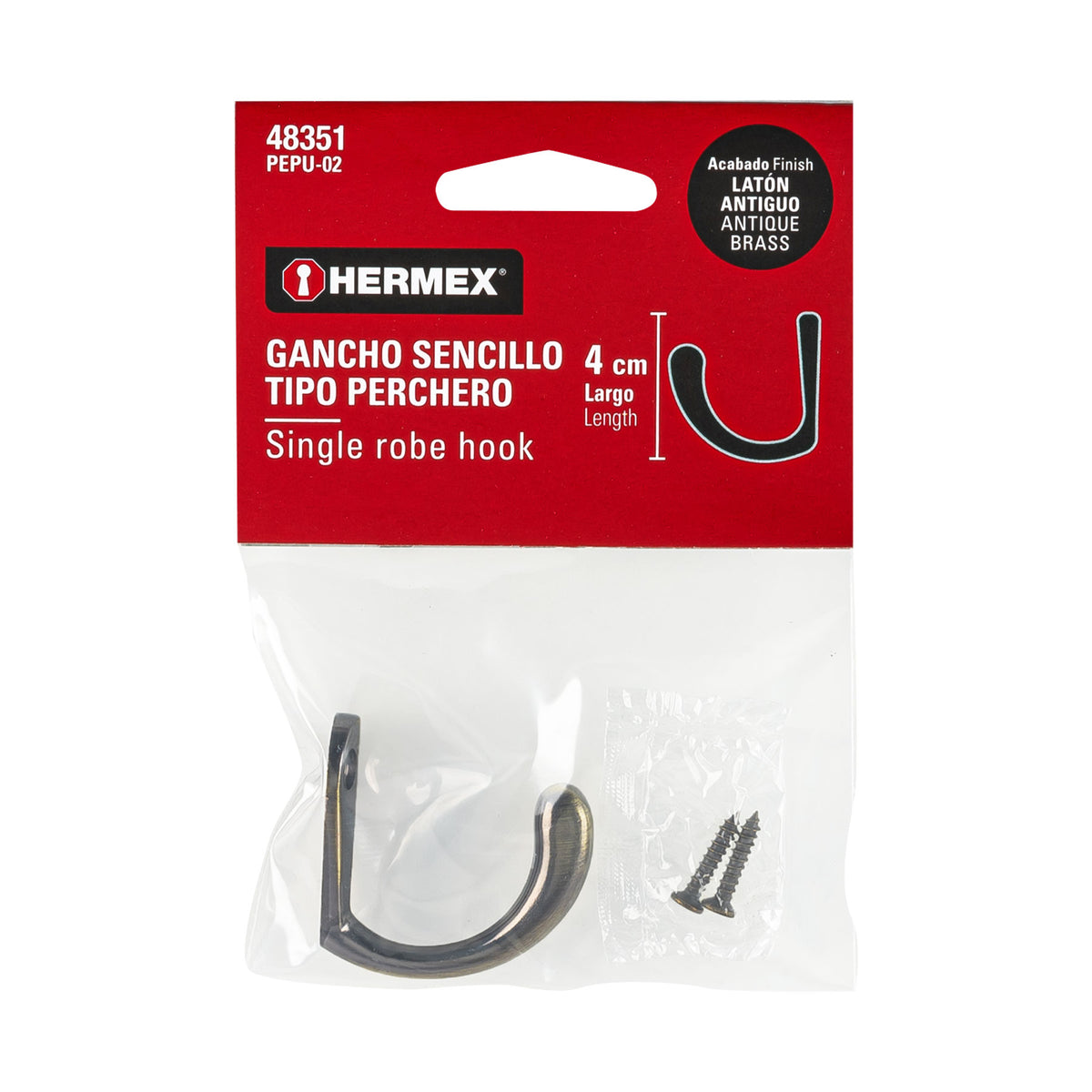 Gancho Sencillo Tipo Perchero, Latón Antiguo, Hermex