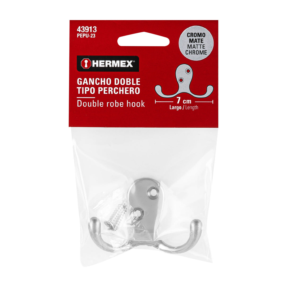 Gancho Doble Tipo Perchero, Cromo Mate, Hermex