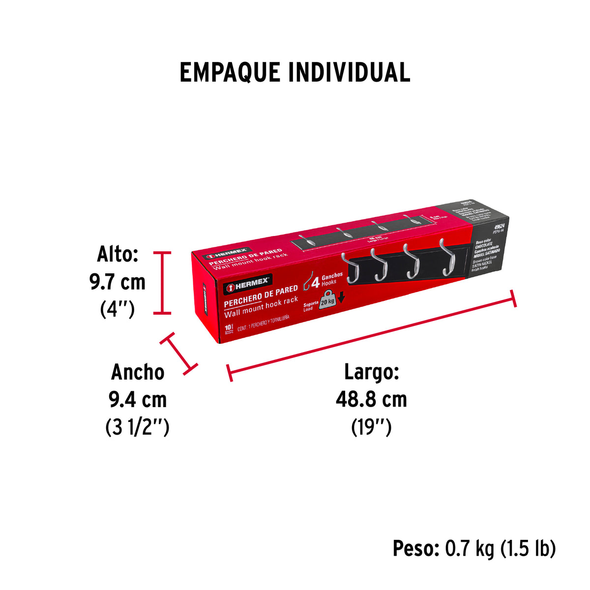 Perchero para Pared con 4 Ganchos Satinados, Hermex