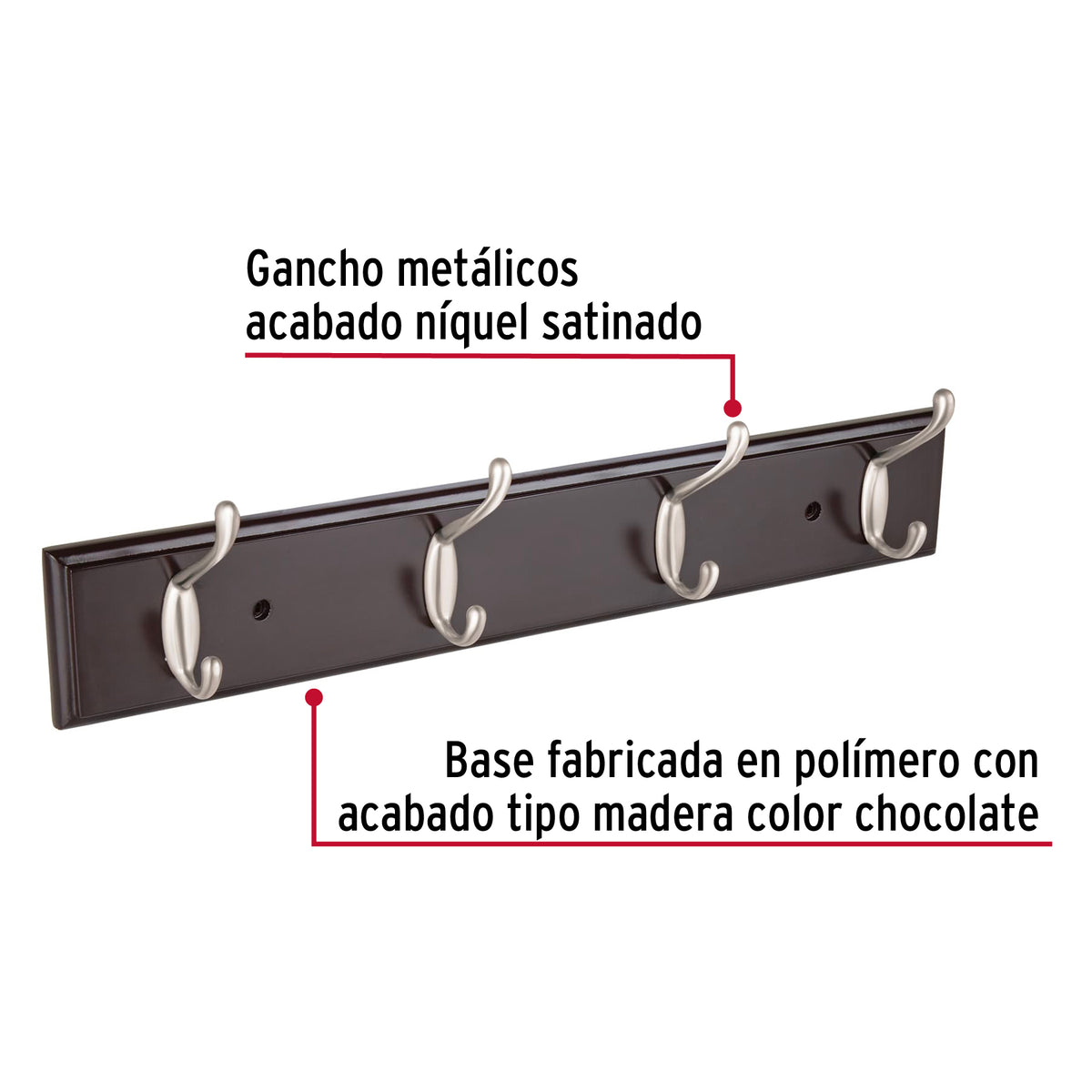 Perchero para Pared con 4 Ganchos Satinados, Hermex