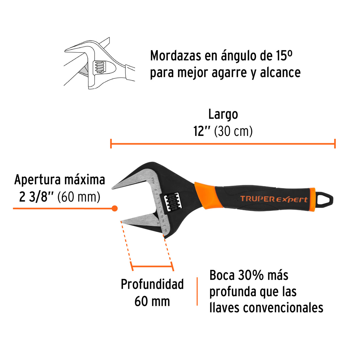 Llave Ajustable (Perico) 12' Boca Ancha Comfort Grip, Expert