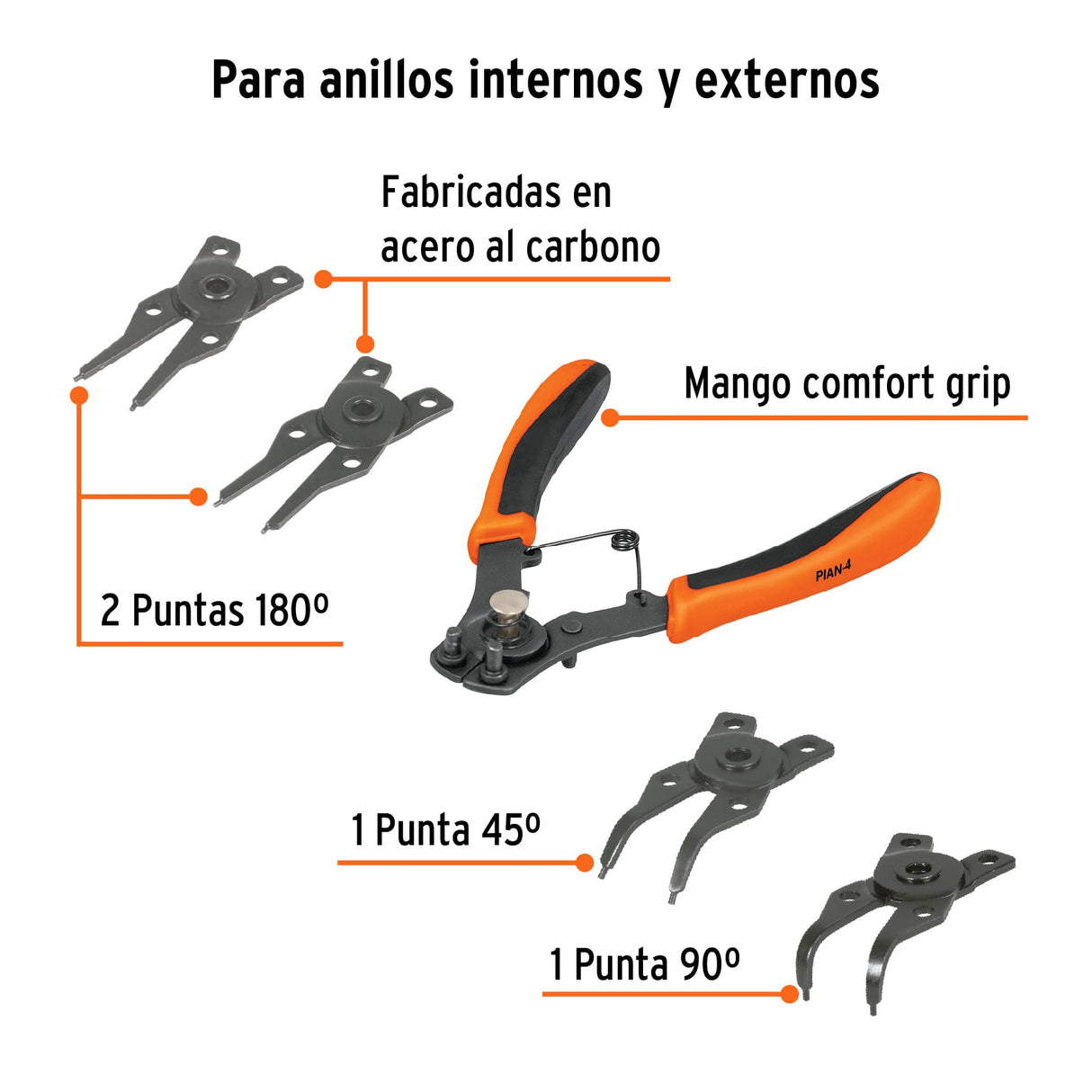 Pinza para Anillos de Retención 6' 4 Cabezas Intercambiables