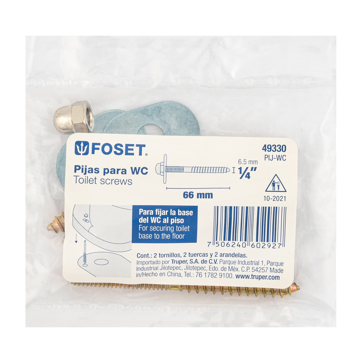 Bolsa con 2 Pijas 1/4' X 66 mm para Base de Wc a Piso, Foset