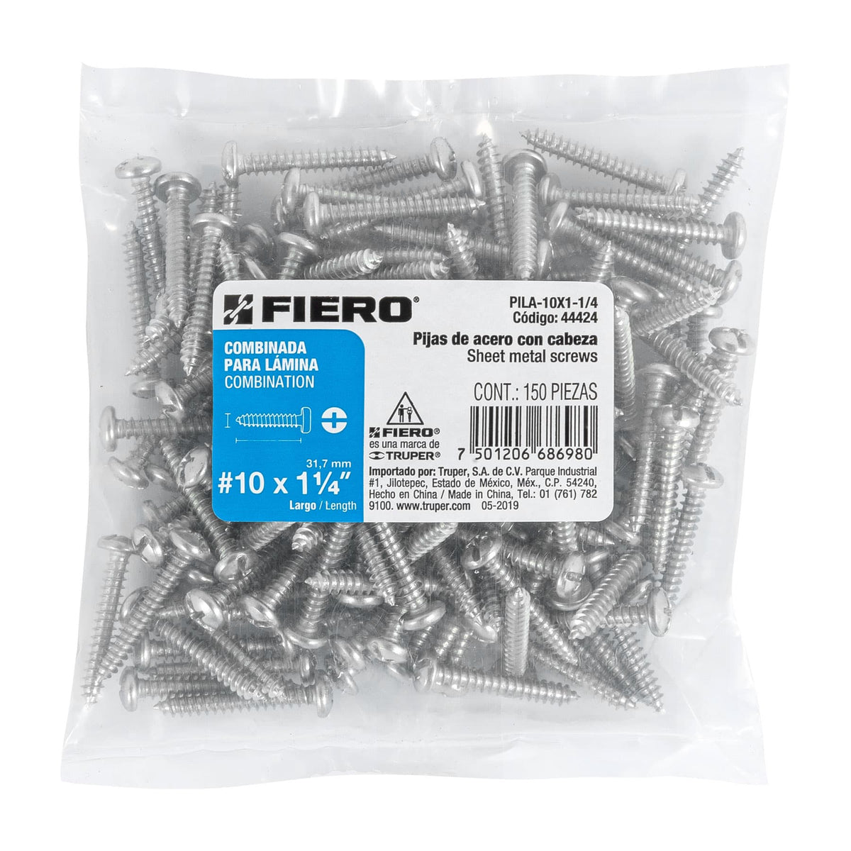 Bolsa con 150 Pijas para Lámina, #10 X 1-1/4', Fiero