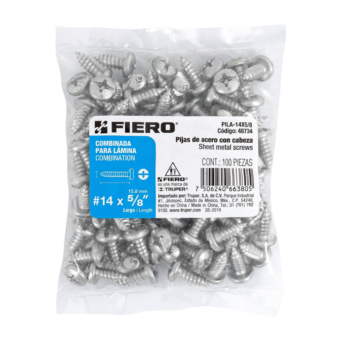 Bolsa con 100 Pijas para Lámina, #14 X 5/8', Fiero